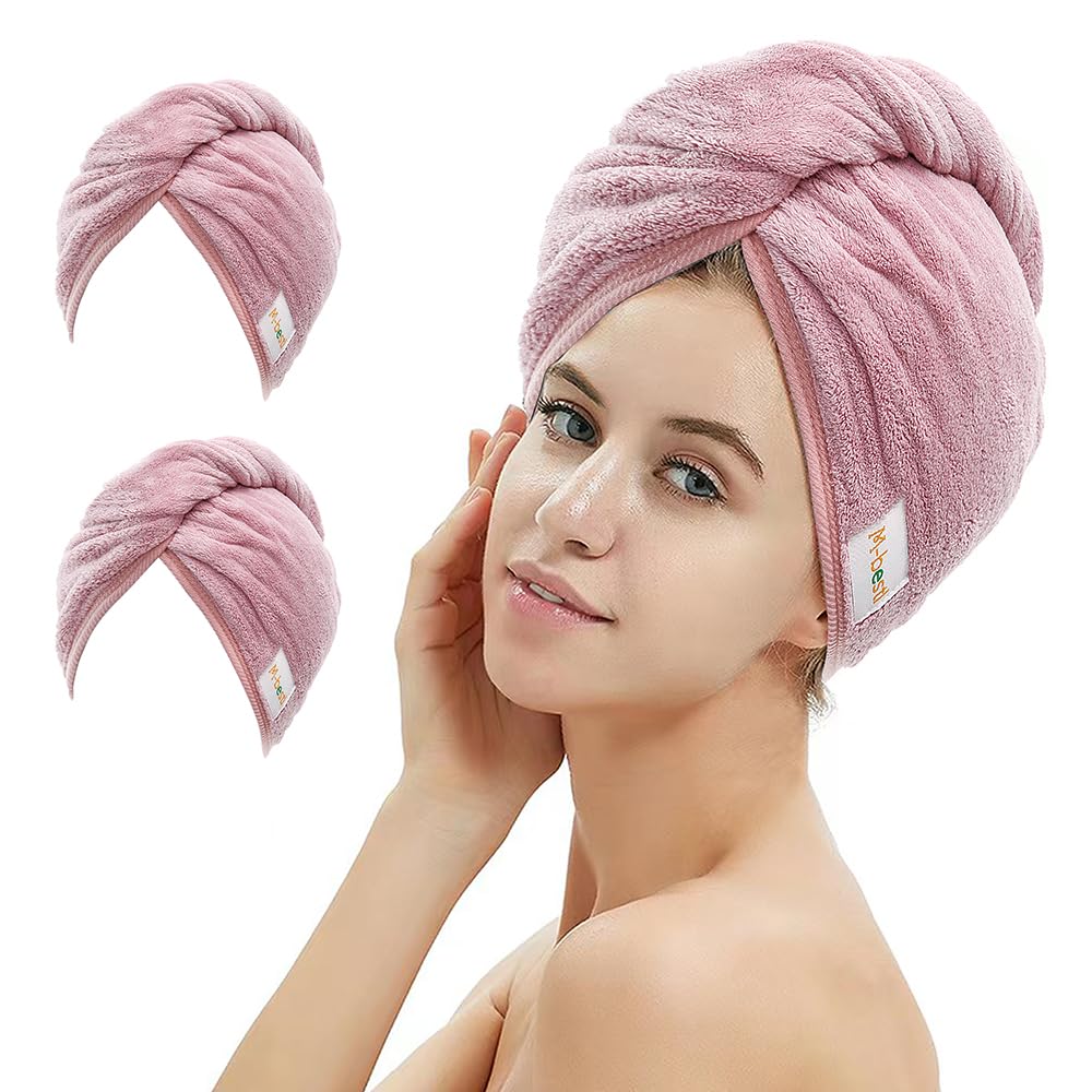 2 Pack Microfiber Hair Towel Wrap,Hair Drying Towel with Button, Towel Turban,Head Towel to Dry Hair Quickly (Pink&Beige)